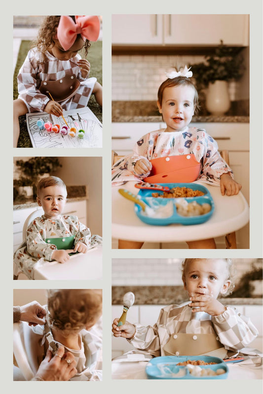 A collage of children engaging in various activities while wearing Bibvy bibs, highlighting the versatility and effectiveness of the product